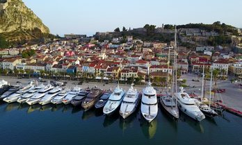 Yachts lined up at the Mediterranean Yacht Show in Greece