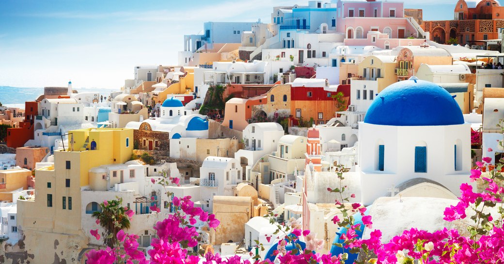 View of colorful houses in Oia, Greece