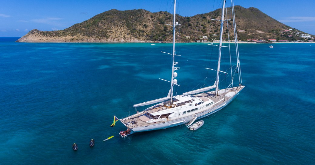 Luxury sailing yacht at anchor in Greece with water toys 