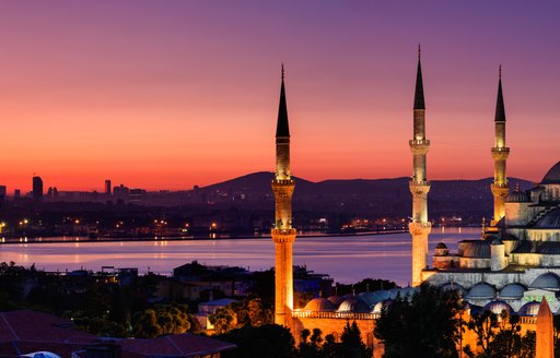 Minaret skyline in Turkey at dusk