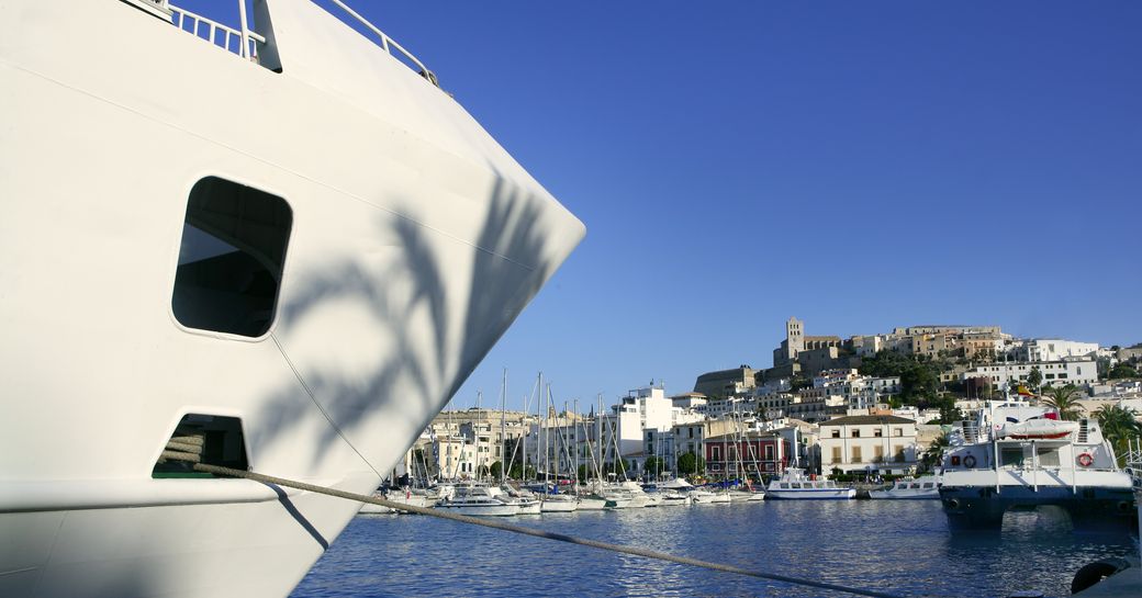 Charter motor yacht in port in Ibiza, Balearics