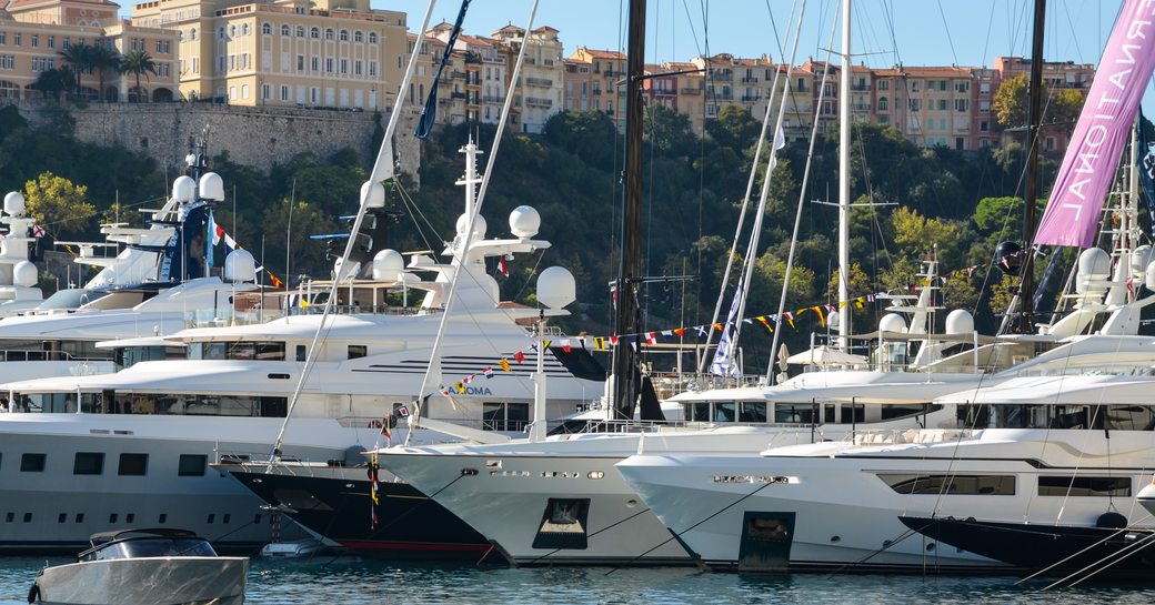 Sailing yachts moored in a Port Hercules marina in Monaco