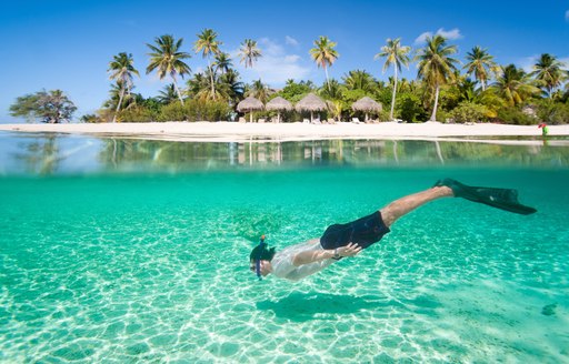 A man snorkeling in clear waters with a beach and small wooden thatch huts in the background