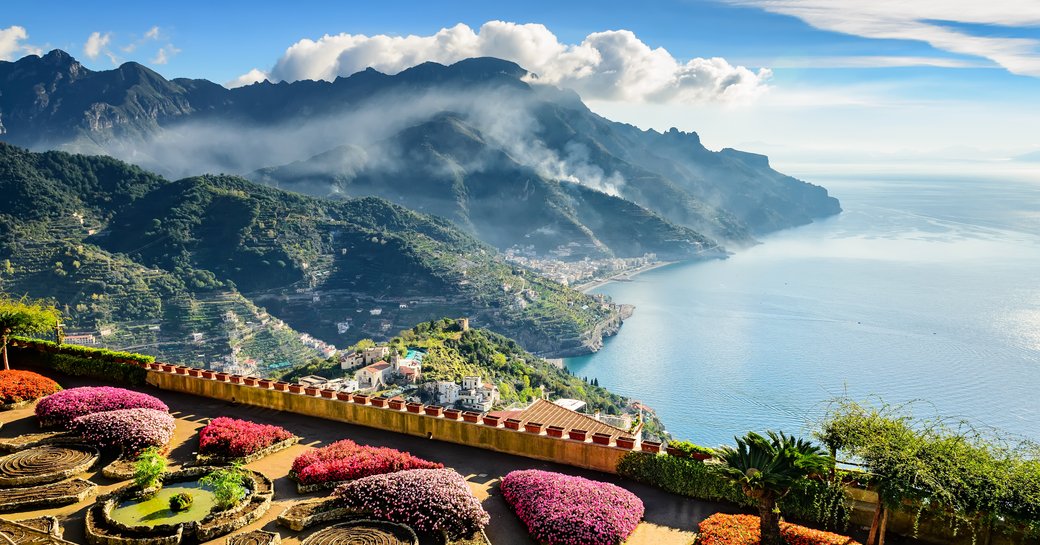 Views of the sea and mountains from the gardens of Villa Rufolo in Ravello