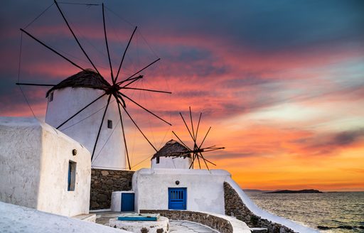Windmills in Mykonos at sunset, Greece