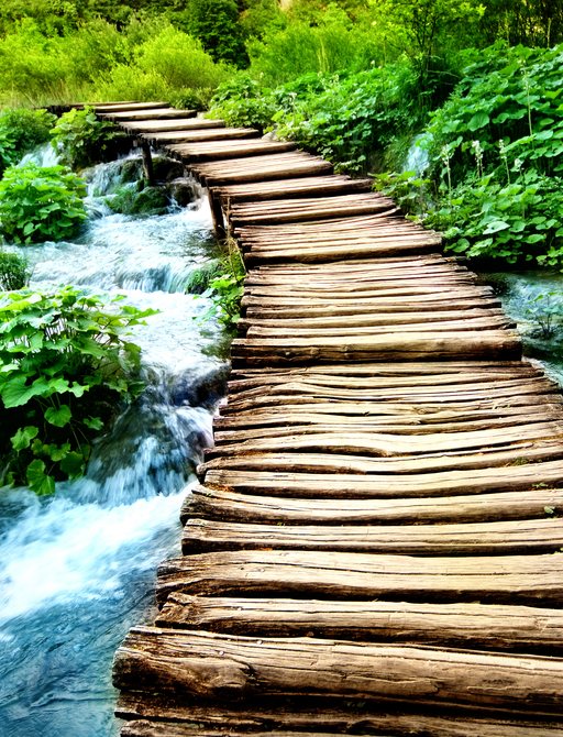 beautiful wooden bridge over rushing waters amid lush forest backdrop